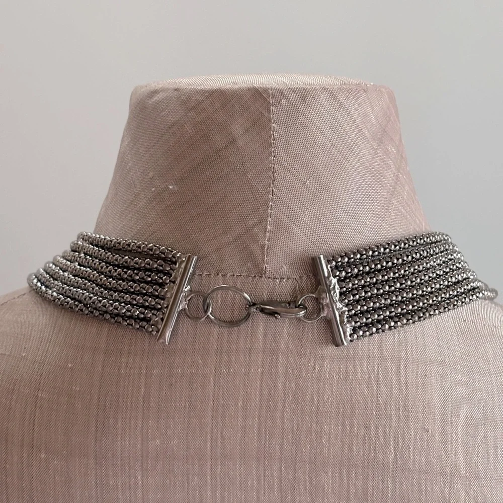 Dark Silver Tone Mesh Layered Swag Chest Chain Statement Necklace with‎ Crystal
